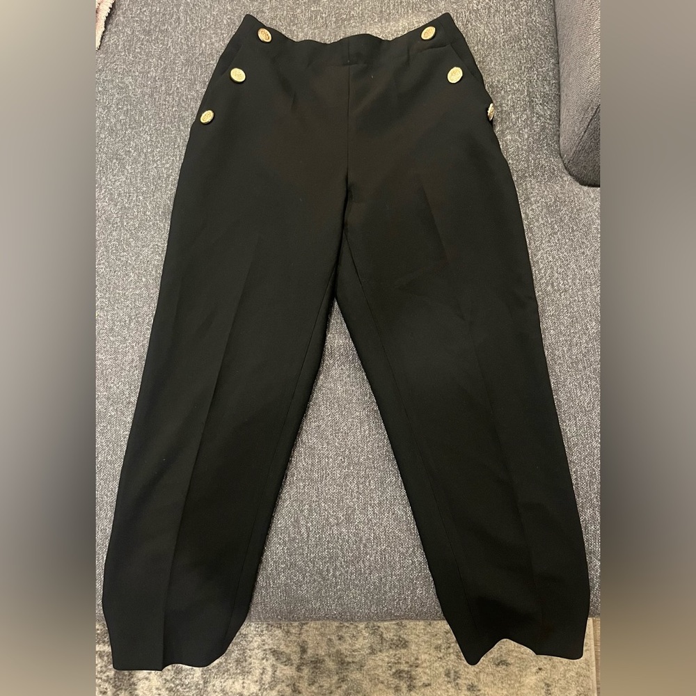Black dress pants with gold buttons